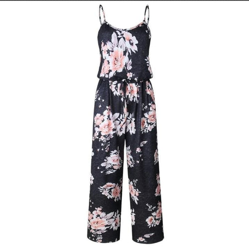 Spaghetti Strap Drawstring Floral Jumpsuit With Pockets XD21