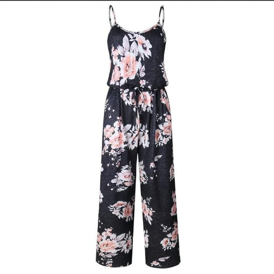 Spaghetti Strap Drawstring Floral Jumpsuit With Pockets XD21