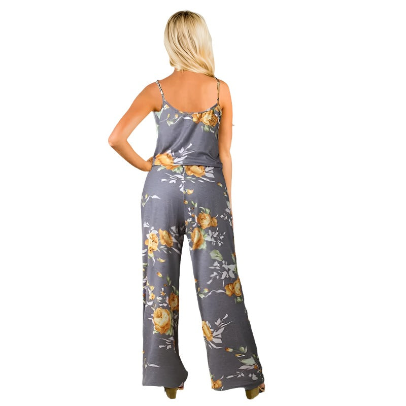 Spaghetti Strap Drawstring Floral Jumpsuit With Pockets XD21