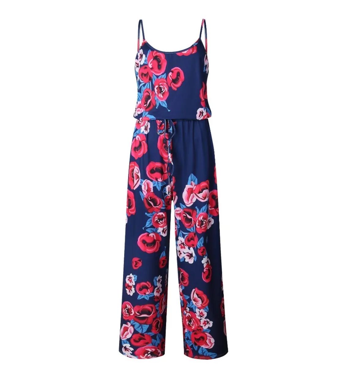 Spaghetti Strap Drawstring Floral Jumpsuit With Pockets XD21