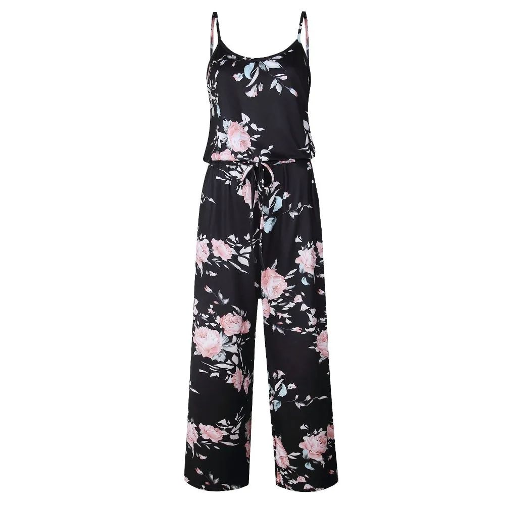 Spaghetti Strap Drawstring Floral Jumpsuit With Pockets XD21