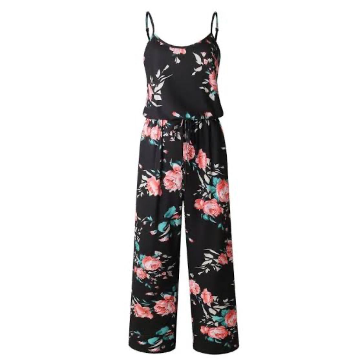 Spaghetti Strap Drawstring Floral Jumpsuit With Pockets XD21