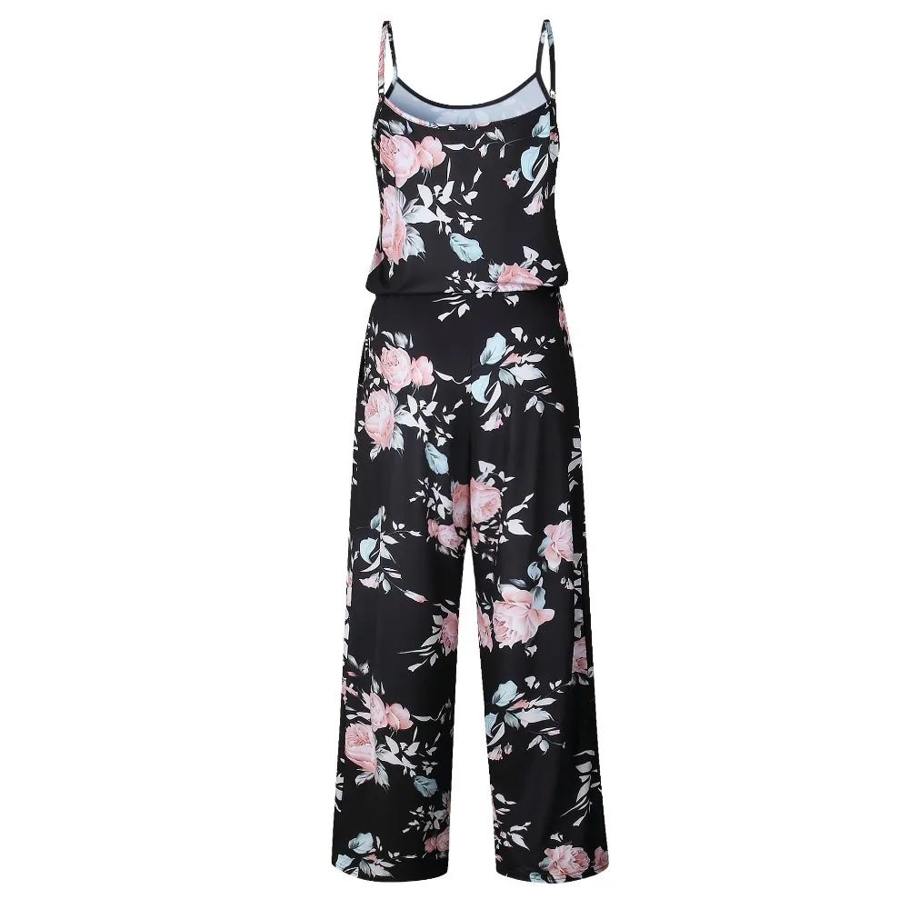 Spaghetti Strap Drawstring Floral Jumpsuit With Pockets XD21