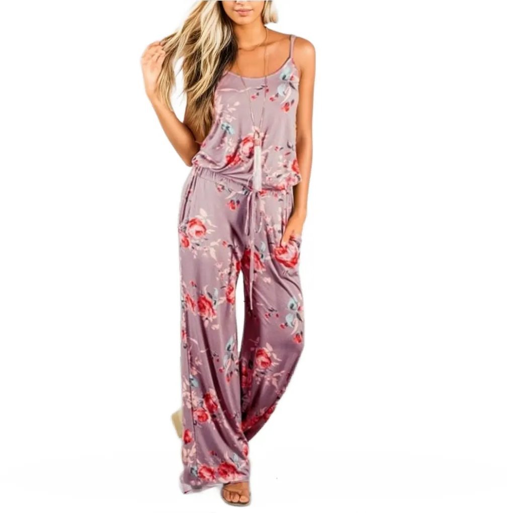 Spaghetti Strap Drawstring Floral Jumpsuit With Pockets XD21