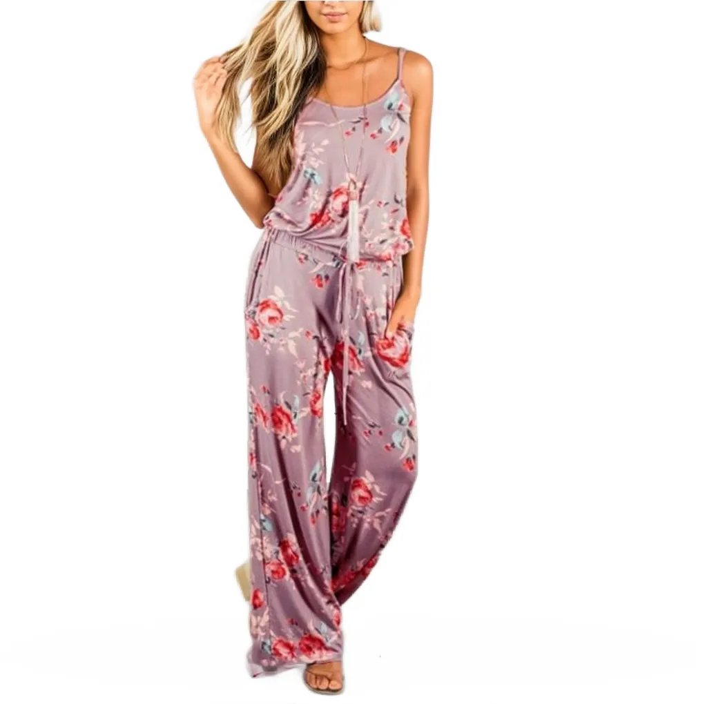 Spaghetti Strap Drawstring Floral Jumpsuit With Pockets XD21