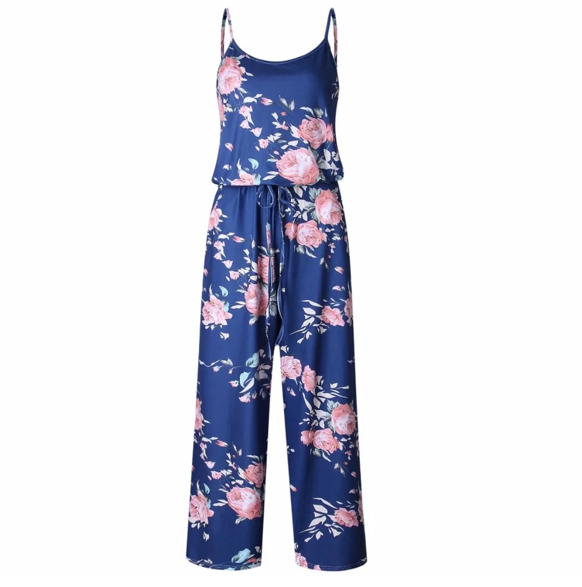 Spaghetti Strap Drawstring Floral Jumpsuit With Pockets XD21