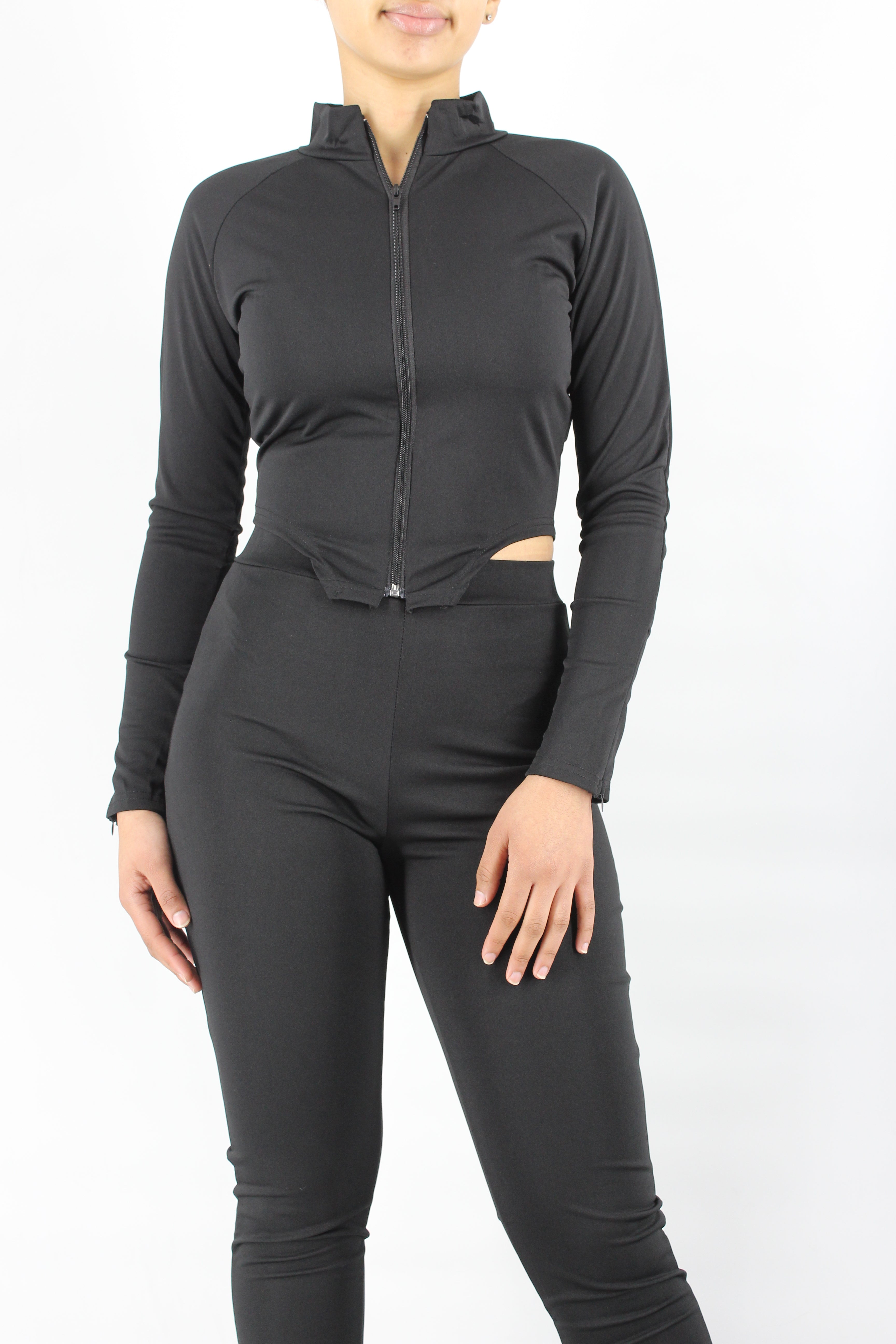 Sporty Asymmetrical Long Sleeve Crop Top and Leggings Set XD21