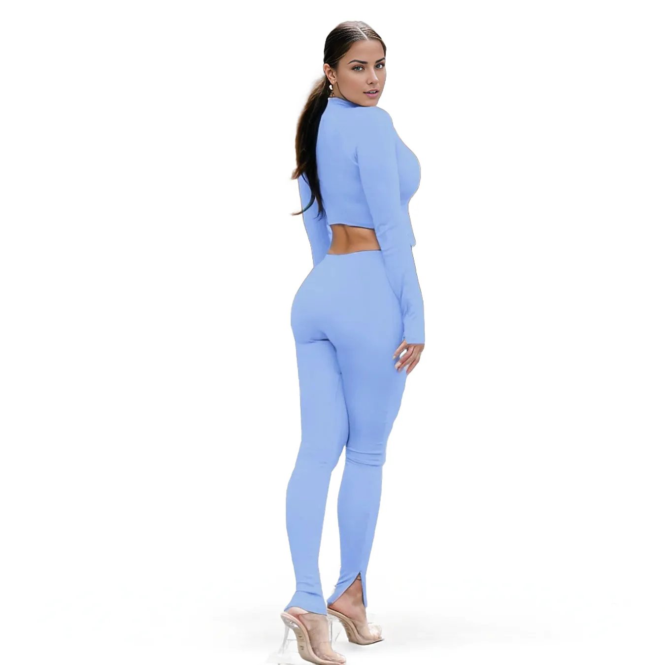 Sporty Asymmetrical Long Sleeve Crop Top and Leggings Set XD21