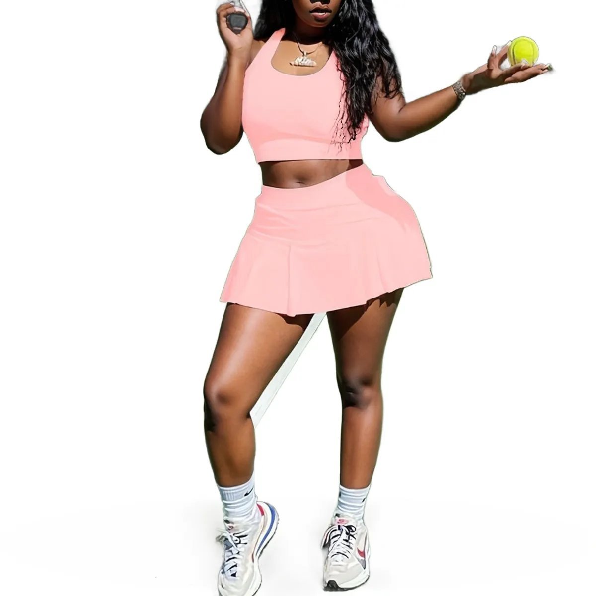 Sporty Pleated Mini Skirt Sports Bra Set XD21