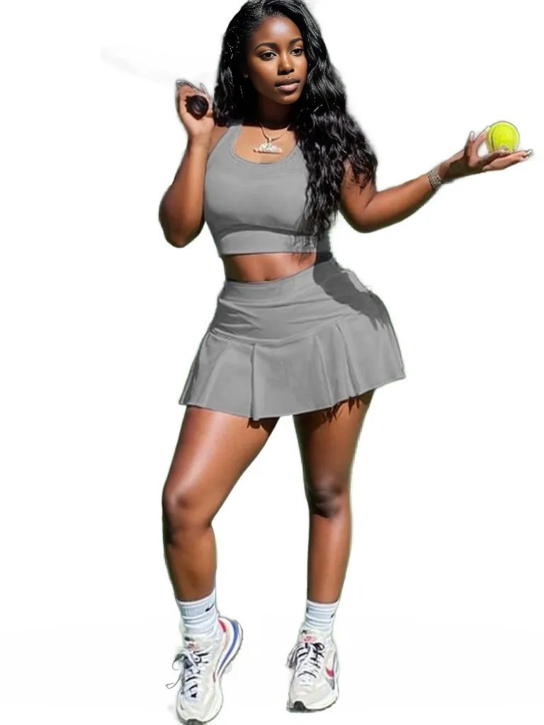 Sporty Pleated Mini Skirt Sports Bra Set XD21