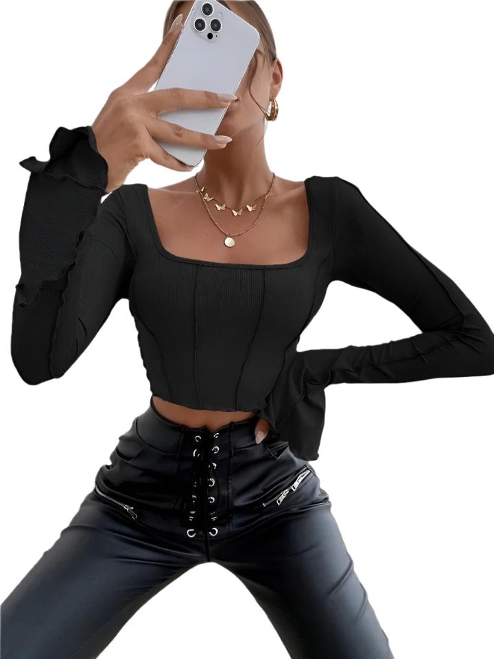 Square Neck Patchwork Long Sleeve Rib Knit Crop Top - XD21