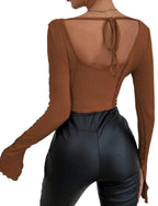 Square Neck Patchwork Long Sleeve Rib Knit Crop Top - XD21