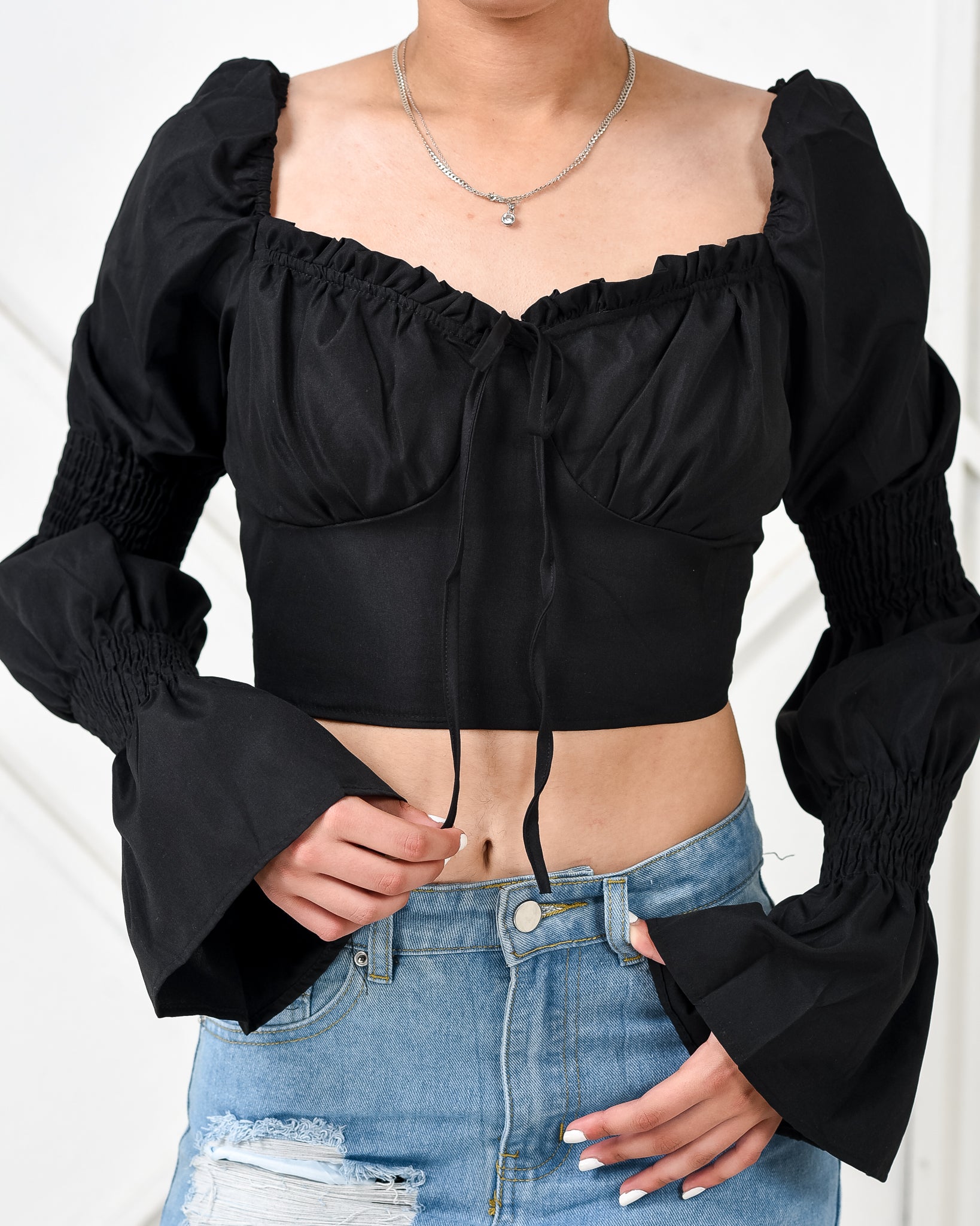 Square neck tie front puff sleeve blouse XD21