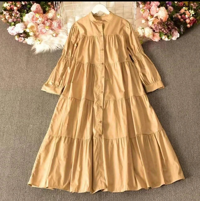 Stand-up Collar Loose Ruffled Bubble Sleeve Shirt Dress XD21