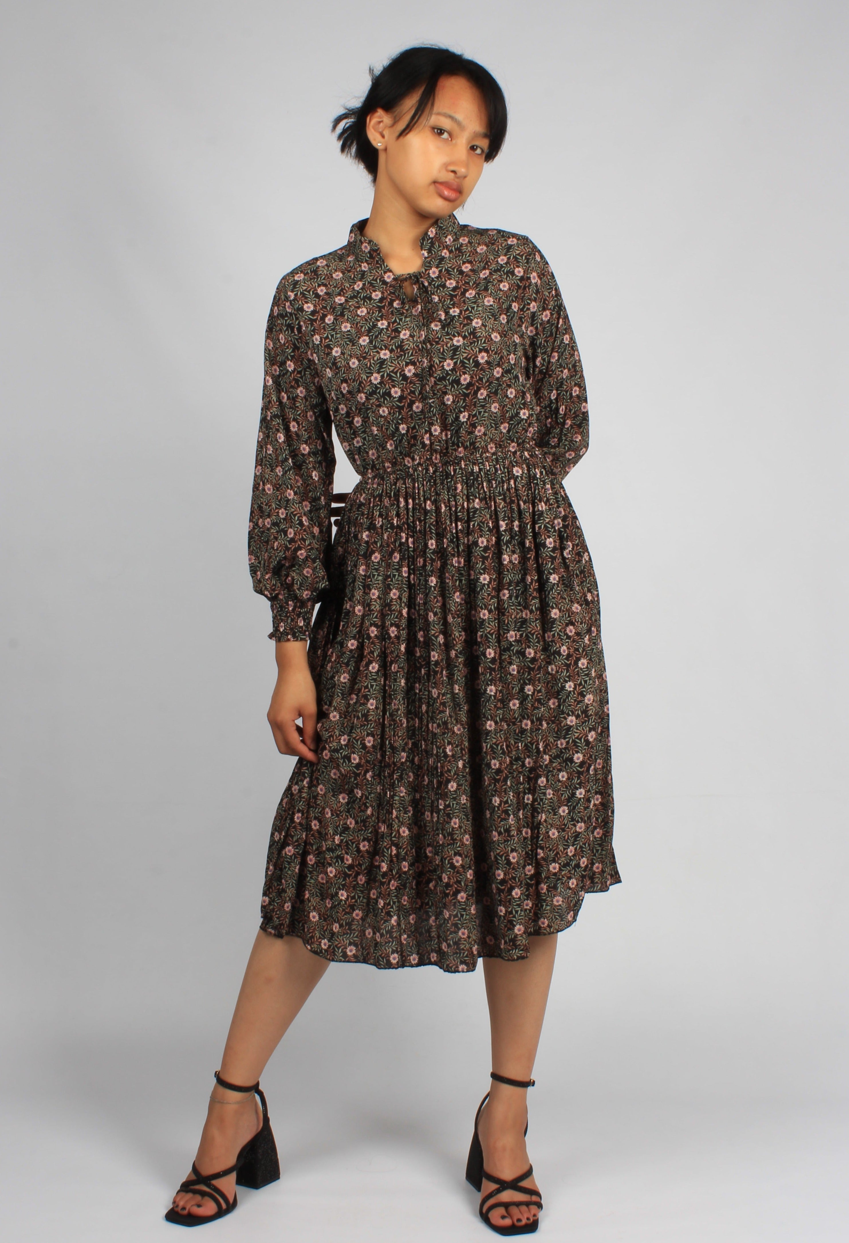 Stand-up Collar Midi Floral Dress XD21