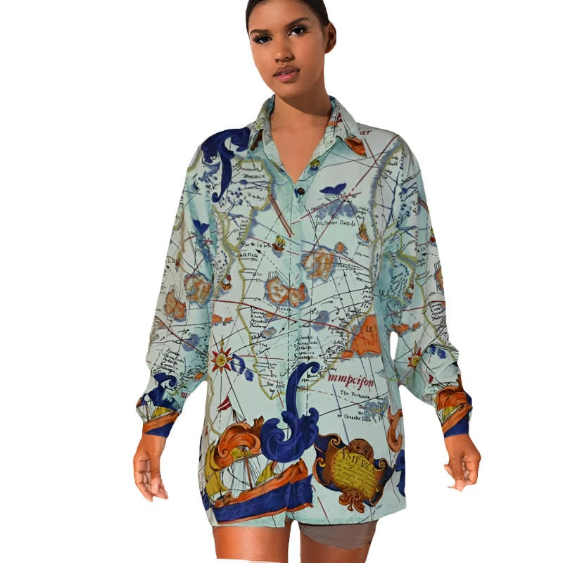 Straight Hem Long Sleeve Patterned Mini Shirt Dress XD21