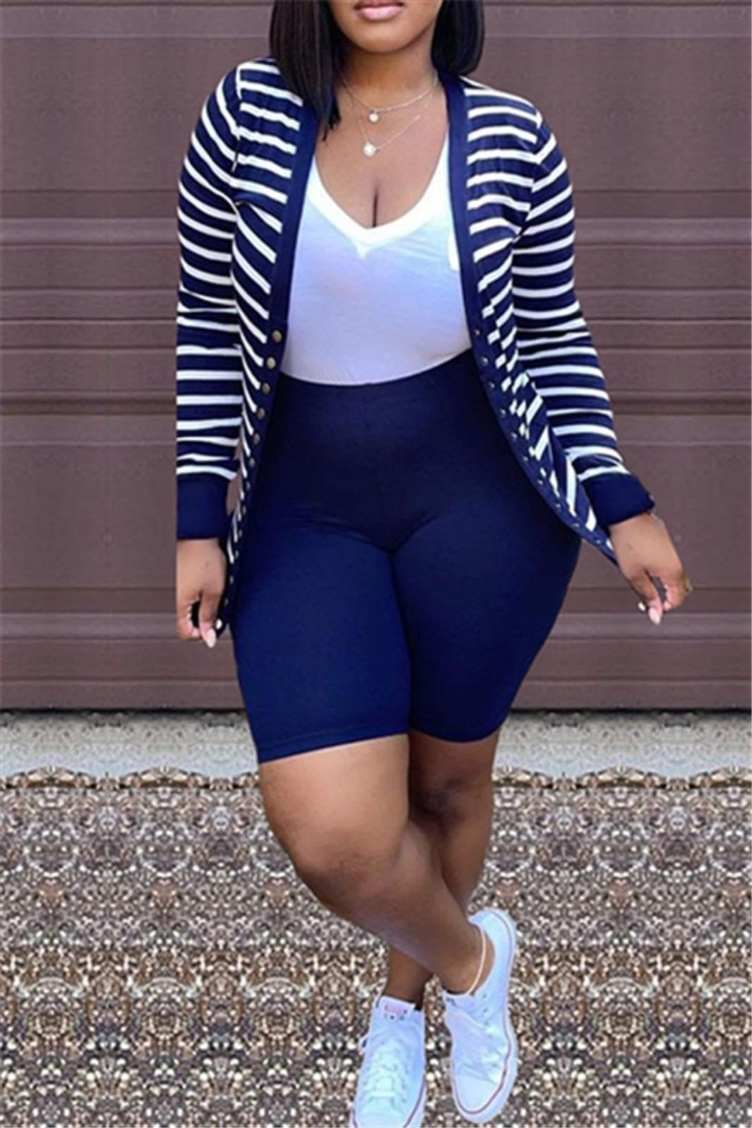 Stripe Button Up Top With Shorts Set XD21