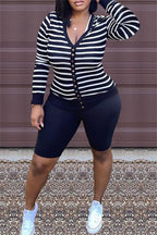 Stripe Button Up Top With Shorts Set XD21