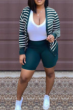 Stripe Button Up Top With Shorts Set XD21
