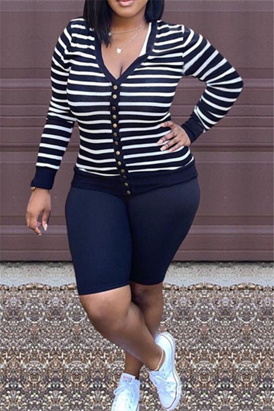 Stripe Button Up Top With Shorts Set XD21