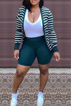 Stripe Button Up Top With Shorts Set XD21