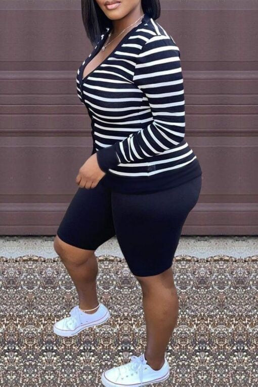Stripe Button Up Top With Shorts Set XD21
