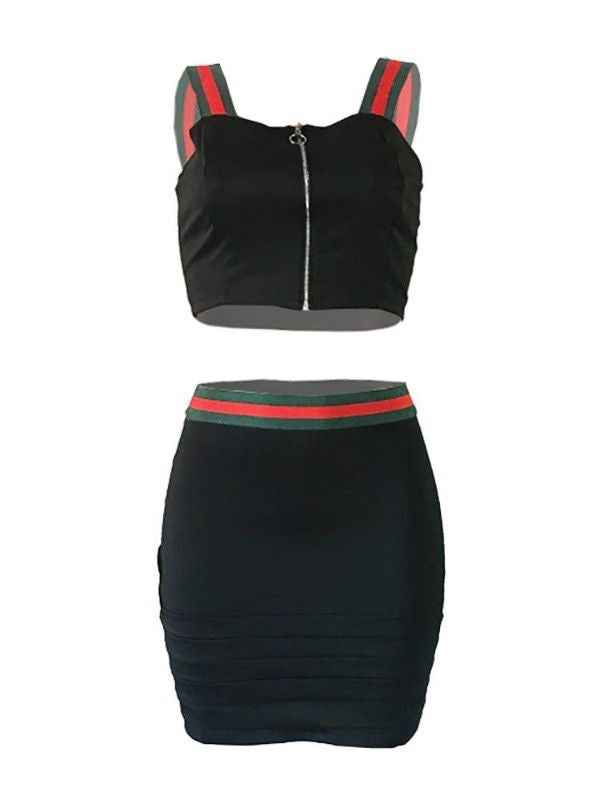 Stripe Crop Top Hollow Out Two Piece Outfits XD21