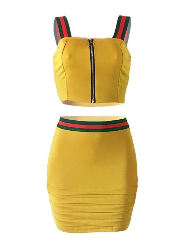 Stripe Crop Top Hollow Out Two Piece Outfits XD21