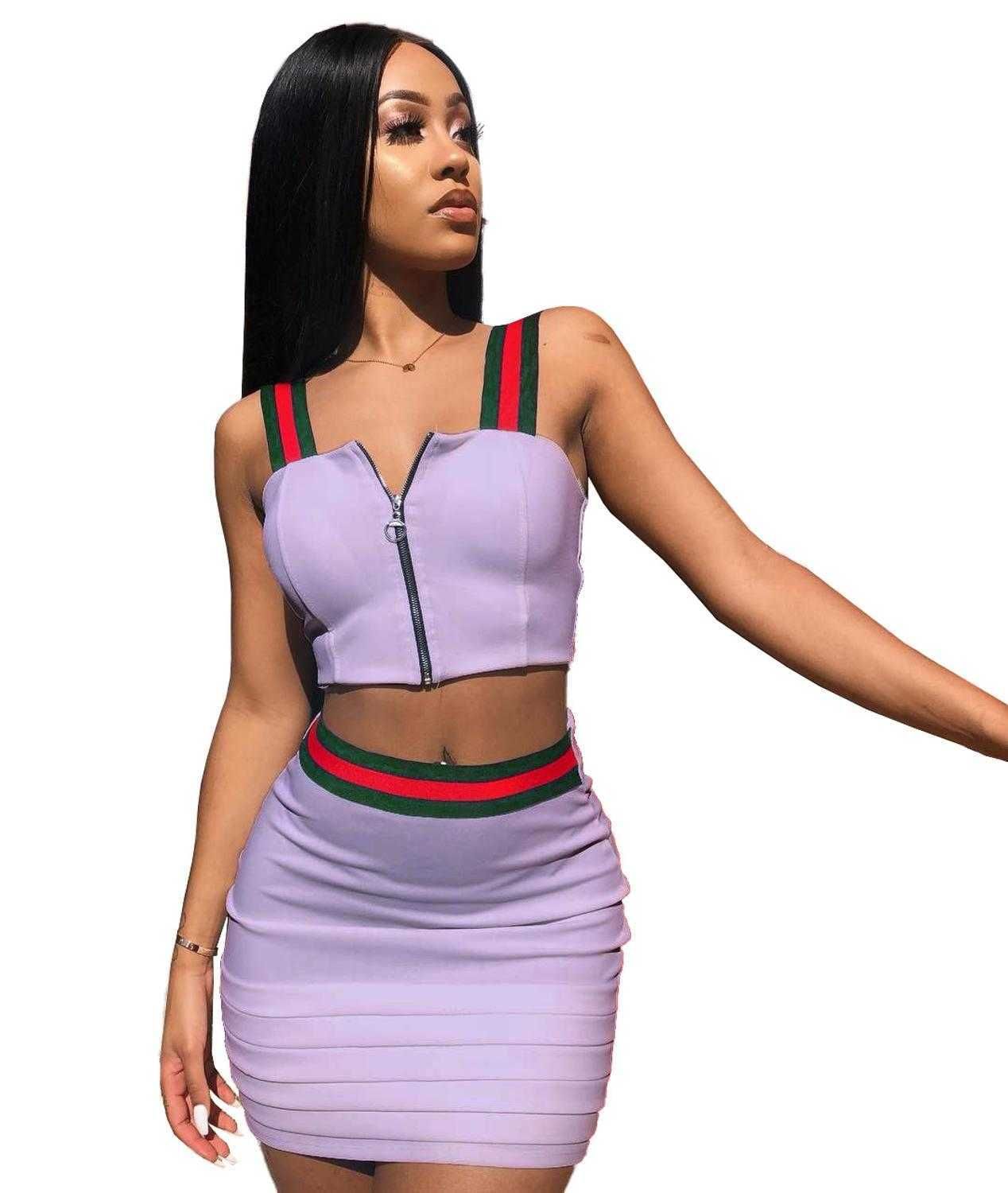 Stripe Crop Top Hollow Out Two Piece Outfits XD21