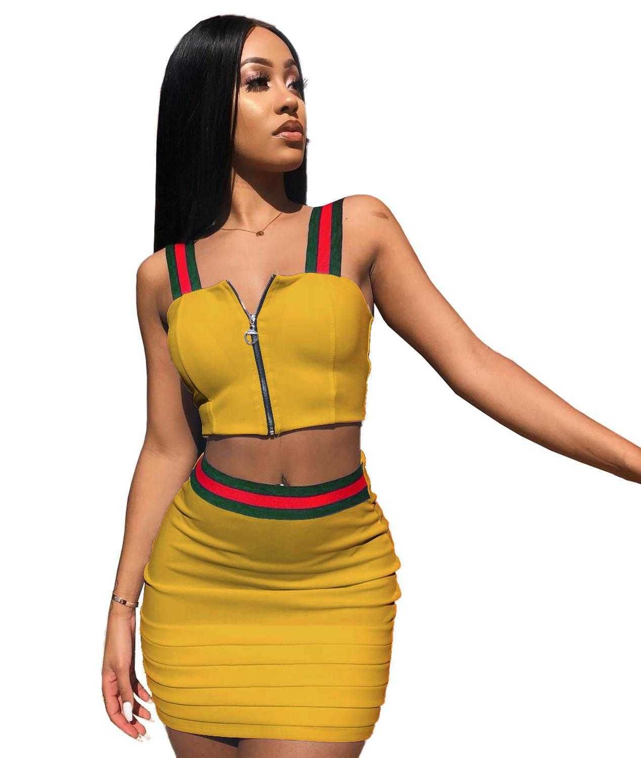 Stripe Crop Top Hollow Out Two Piece Outfits XD21