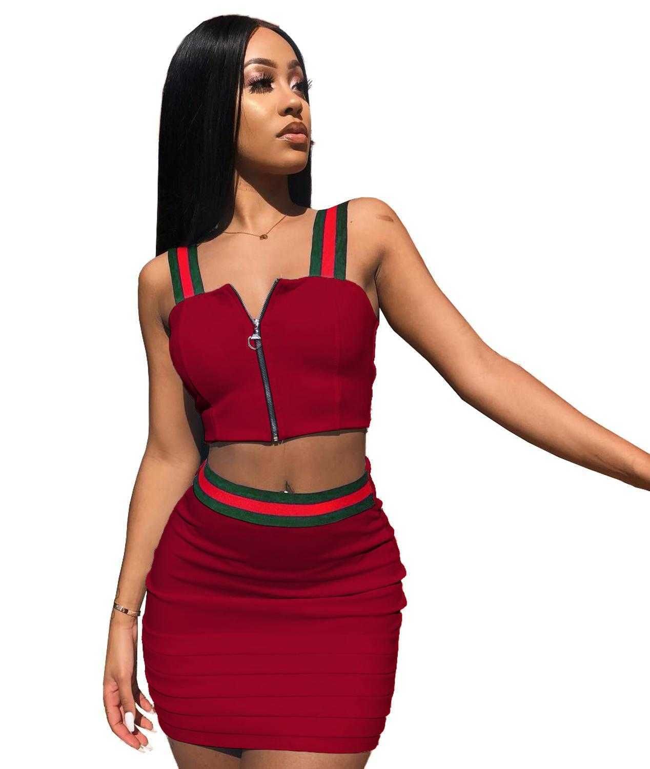 Stripe Crop Top Hollow Out Two Piece Outfits XD21