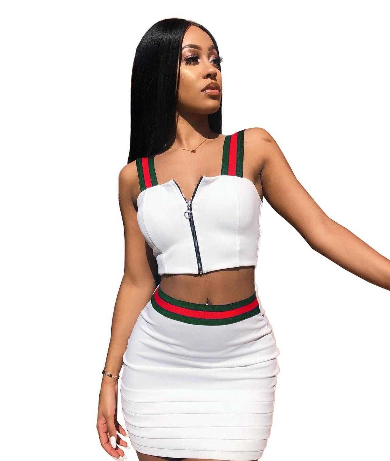 Stripe Crop Top Hollow Out Two Piece Outfits XD21