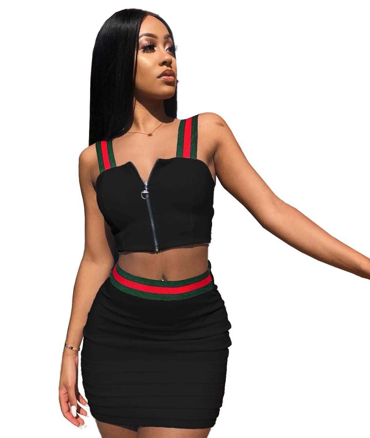 Stripe Crop Top Hollow Out Two Piece Outfits XD21