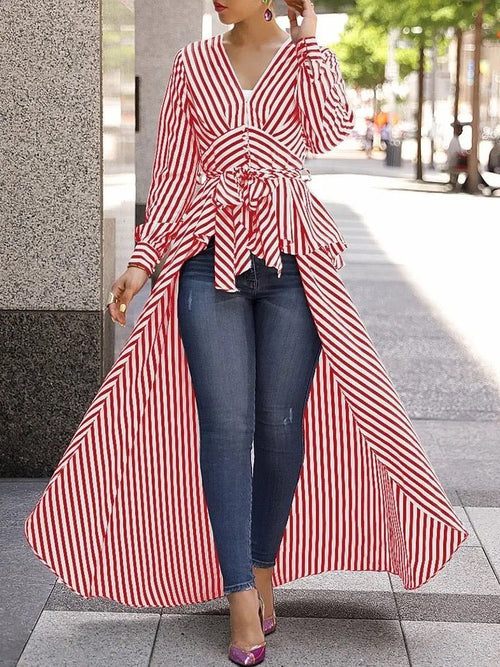 Stripe Long Sleeve Blouse Shirt V-Neck Maxi Dress Tunic XD21