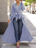 Stripe Long Sleeve Blouse Shirt V-Neck Maxi Dress Tunic XD21