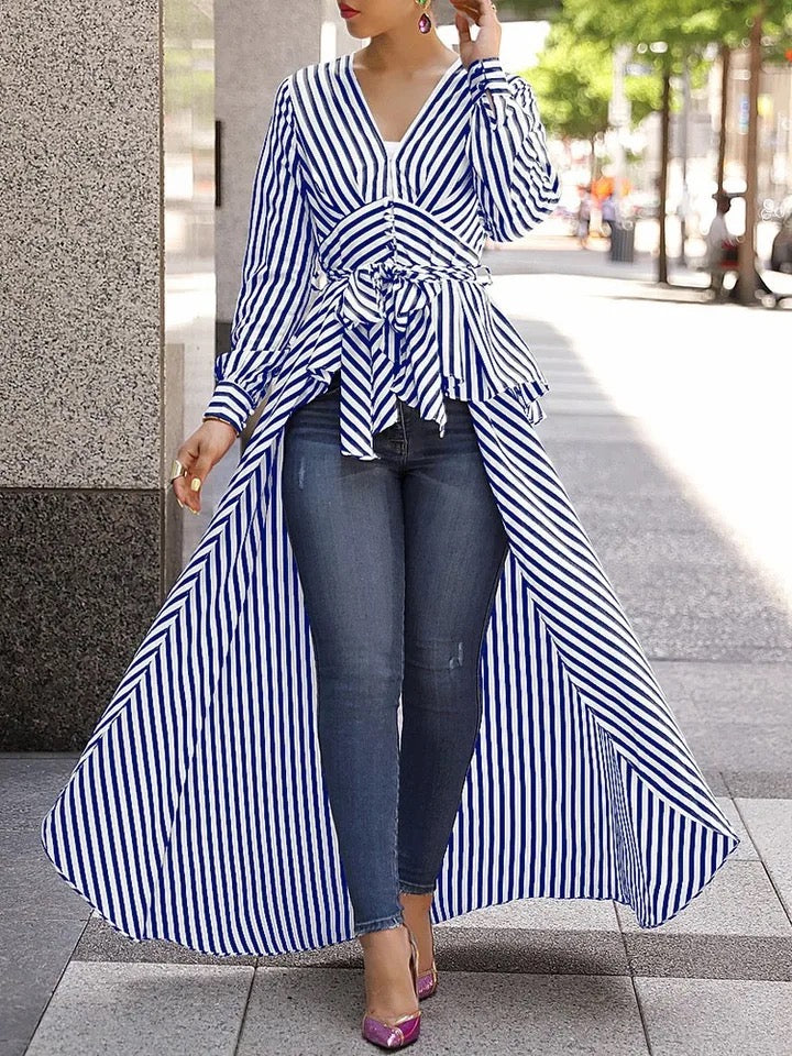 Stripe Long Sleeve Blouse Shirt V-Neck Maxi Dress Tunic XD21