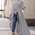 Stripe Long Sleeve Blouse Shirt V-Neck Maxi Dress Tunic XD21