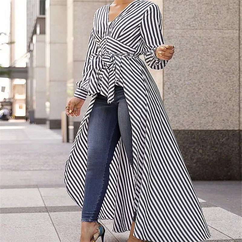 Stripe Long Sleeve Blouse Shirt V-Neck Maxi Dress Tunic XD21