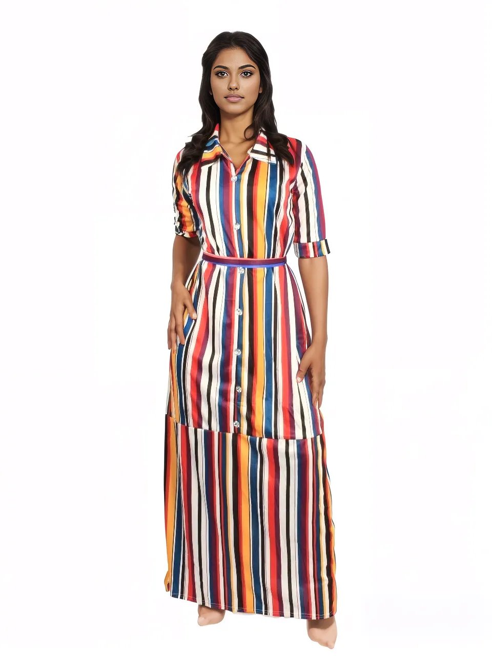 Stripe Maxi Dress with Belt XD21