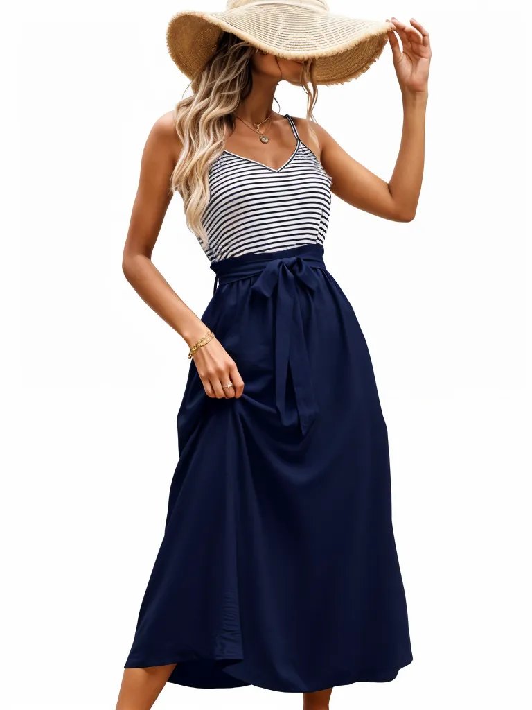 Stripe Printed Belted Maxi Summer Dress XD21