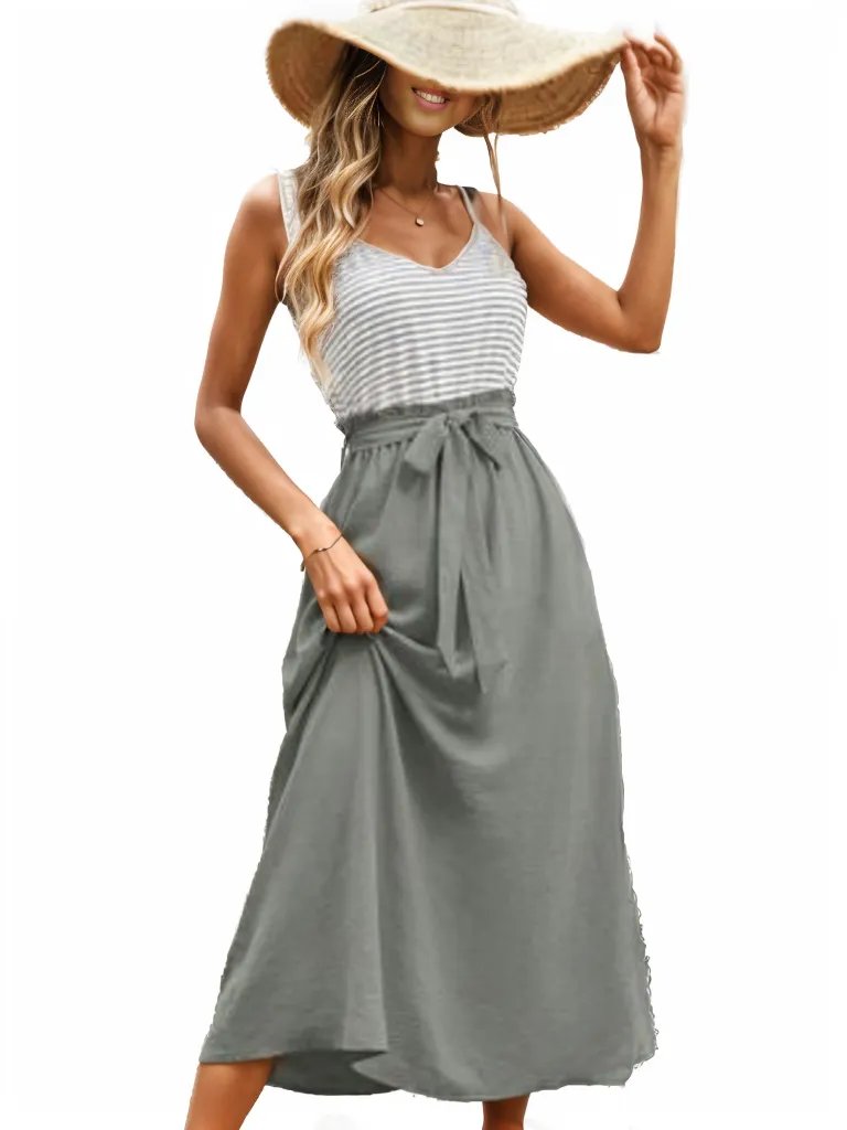 Stripe Printed Belted Maxi Summer Dress XD21