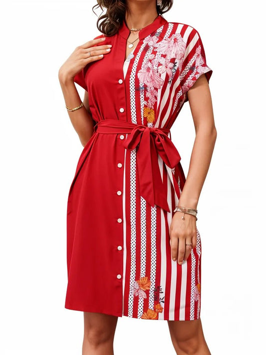 Stripe Solid Floral Short Sleeve Dress XD21