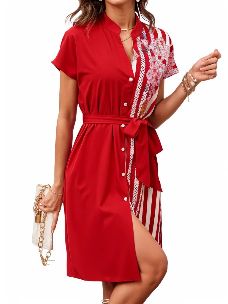Stripe Solid Floral Short Sleeve Dress XD21