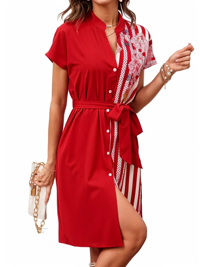 Stripe Solid Floral Short Sleeve Dress XD21