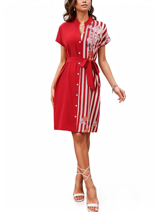 Stripe Solid Floral Short Sleeve Dress XD21