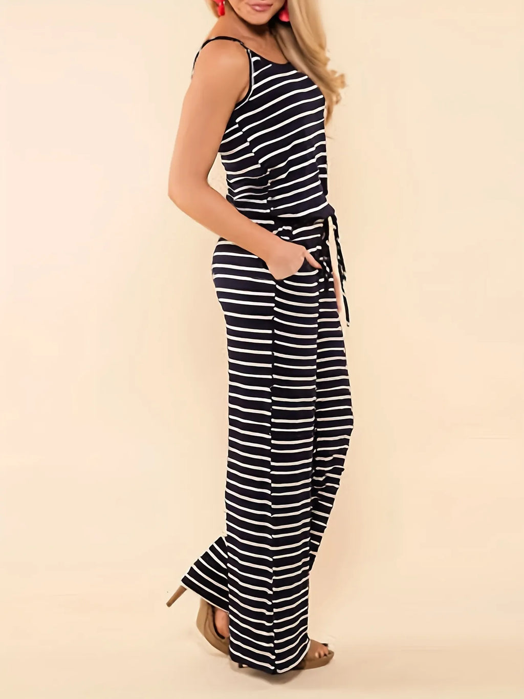 Stripe Spaghetti Strap Drawstring Jumpsuit XD21