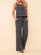Stripe Spaghetti Strap Drawstring Jumpsuit XD21