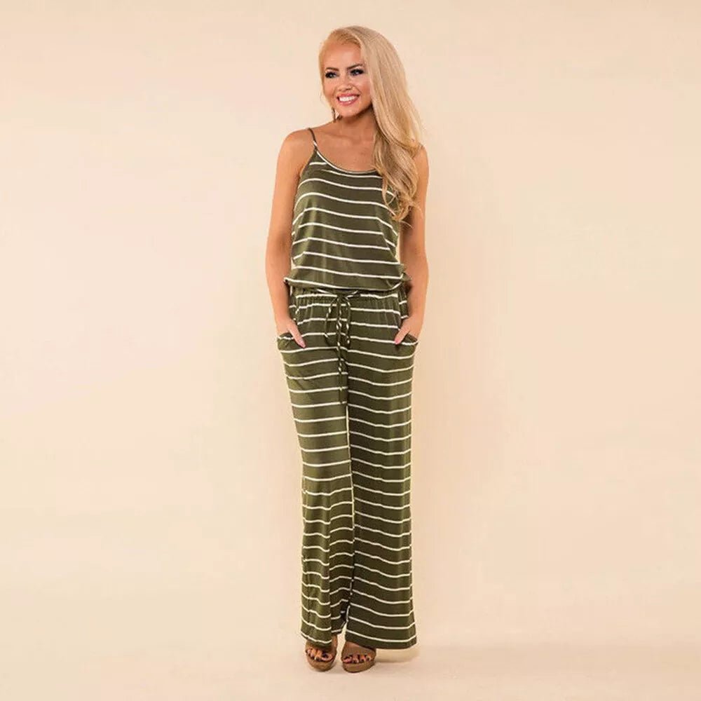 Stripe Spaghetti Strap Drawstring Jumpsuit XD21