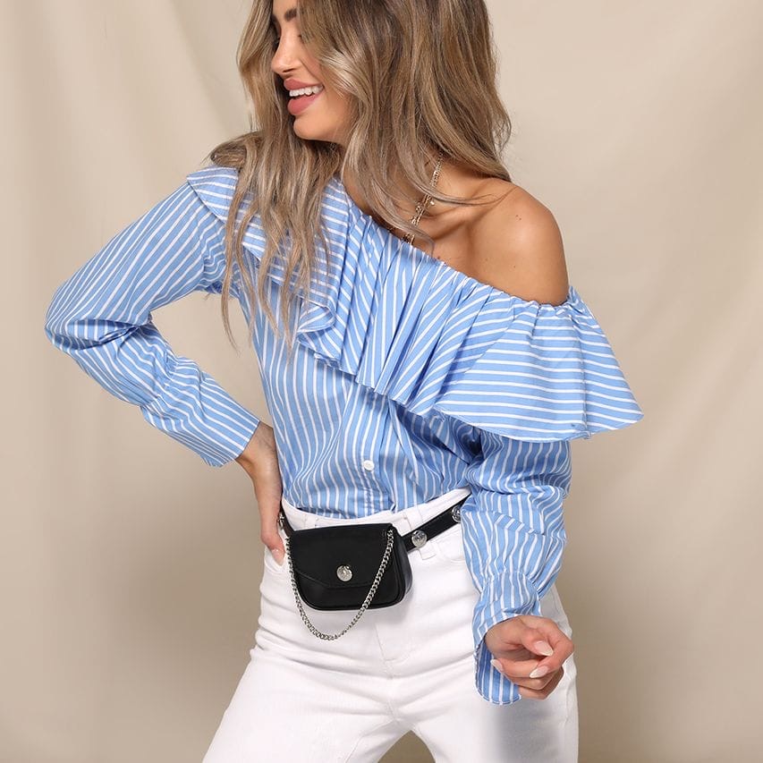 Stripe one off shoulder frill blouse XD21