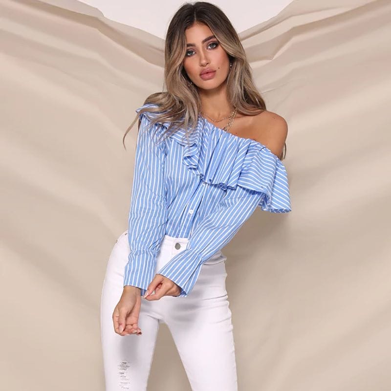 Stripe one off shoulder frill blouse XD21